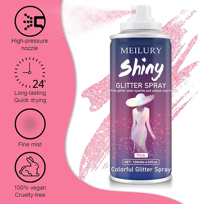Hair and Body Glitter Spray, Holographic Glitter Highlighter Powder, Hairspray for Clothes, Face Body Shiny Glitter, Loose Shimmer Hairspray Festival Rave Prom Accessories, 4.22 Fl Oz (Pink)