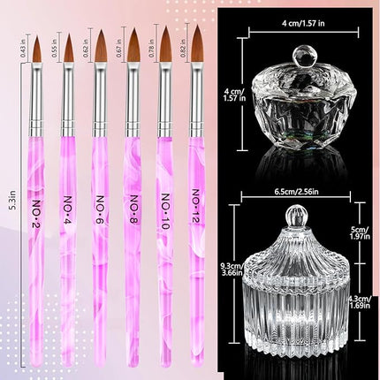Acrylic Nail Brush Dappen Dish Set - 6Pcs Acrylic Nail Brush and 2Pcs Crystal Dappen Dish with Lid for Acrylics Nails, Monomer Dishs Nail Glass Cup Nail Art Brushs Set for Acrylics Nails Liquid Powder