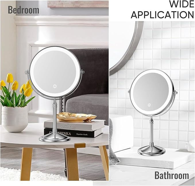 Nicesail Desk Mirror with Light 1X/10X Magnifying with 3 Color Dimmable Lights Desk Mirror, Cordless 360 Rotation 4000mAh Rechargeable, Double Sided Mirror for Desk, 8 Inch Standing Chrome Finish