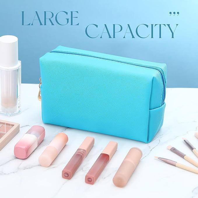 Kigeli 15 Pcs Aesthetic Makeup Bags PU Leather Cosmetic Pouches Waterproof Plain Toiletry Bags Makeup Pouches Bulk for Women Party Gift Travel Storage Organizer(Blue Teal)