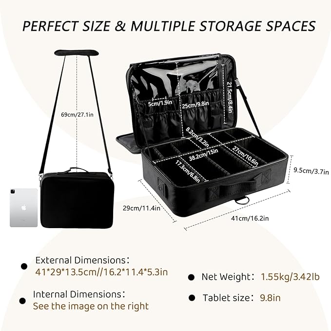 gzcz Large Capacity Travel Makeup Train Case,Professional Cosmetic Bags for Women,Portable Makeup Brush Bag Organizer Storage with Adjustable Dividers and Shoulder Strap