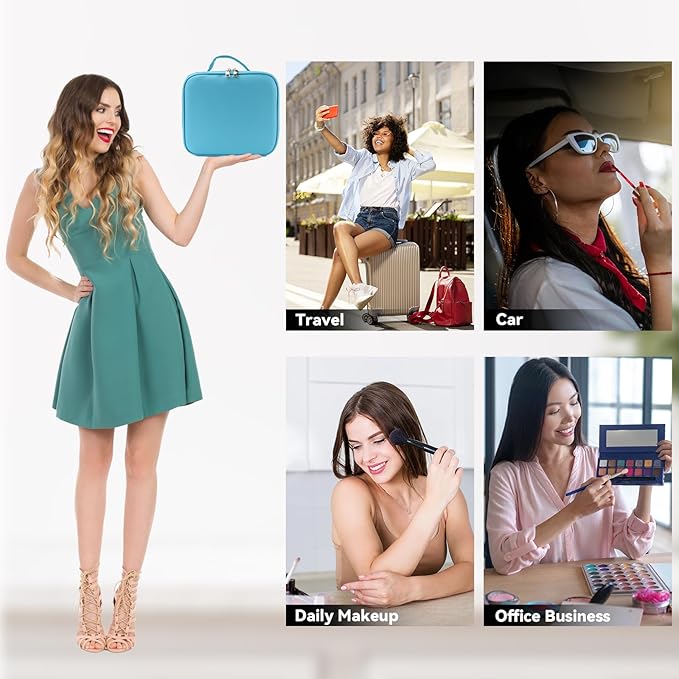 Travel Makeup Bag with LED Mirror and 10x magnifying glass with 3 Lighted Settings, Adjustable Dividers and Makeup Brush Storage Bag Blue