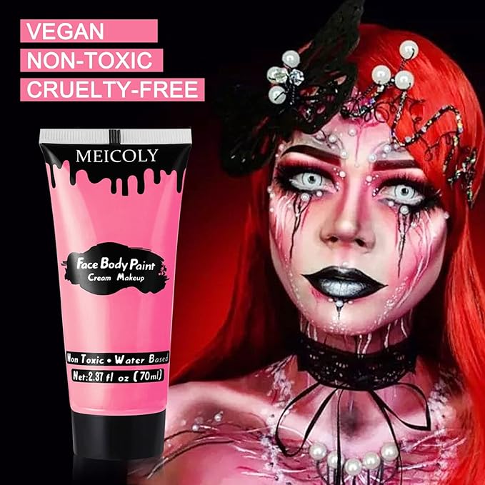 MEICOLY Pink Halloween Face Body Paint, 2.37Oz Large Tube Water Based Non-Toxic Full Body Paint for Adult Children,Highly Pigmented Face Painting for SFX Special Effects Cosplay Makeup