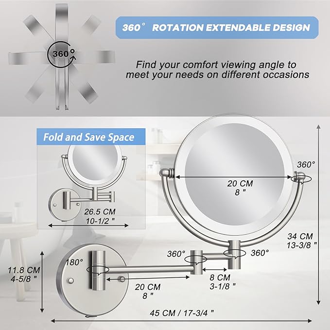 8" Rechargeable Lighted Wall Mounted Makeup Mirror with Magnification, Double-Sided 1X/10X Magnifying Foldable Touch Control 360 Swivel Extendable Arm for Bathroom, Brushed Nickel