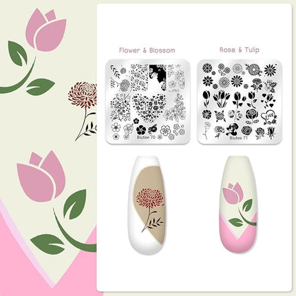 Biutee Nail Stamper Kit 16Pcs Nail Art Stamping Plate 8 Colors Stamp Polish Gel Silicone Stamper Scraper with Storage Bag, Nail Stamp Plates Love Flower Butterfly Leaf Template Valentine Design Gift
