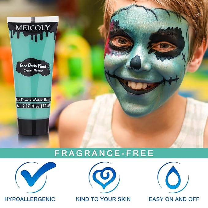 MEICOLY Cream Teal Face Body Paint,2.37Oz Large Tube Water Based Body Paint Face Painting for Adults and Kids,Halloween Face Paint Stage SFX Special Effects,Cosplay Facepaint Peacock Makeup