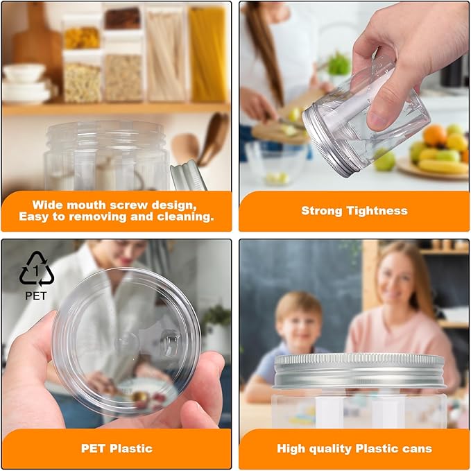 30 Packs 8 oz (250 ml) Clear Plastic Jars with Silver Lids, Cosmetic jars with Wide-Mouth for slime, beads, rhinestones, sequins Cosmetics, Lotion, Cream, Ointments and More