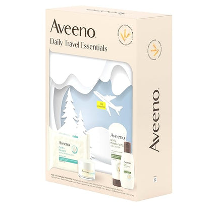 Aveeno Daily Travel Essentials Gift Set with Daily Moisturizing Lotion, Daily Moisturizing Body Wash, Calm + Restore Makeup Removing Wipes, & Calm + Restore Oat Gel Moisturizer, 4 items
