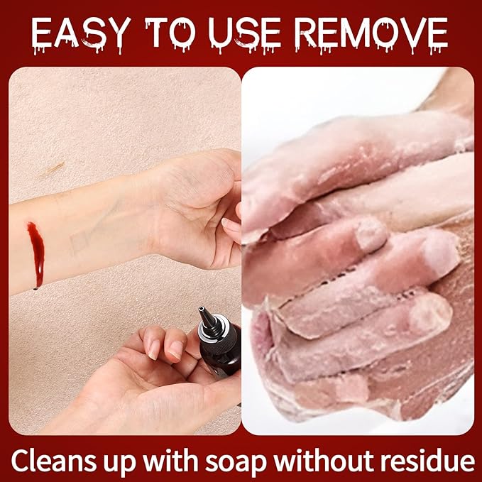 6PCS Halloween Fake Blood Makeup Kit，Washable for Scar Wound and Clothes Realistic Face Paint Wounds Costume Blood For Vampire, Zombie, Clown Cosplay Red，Stipple Sponge ， Cleansing Soap and Gauze