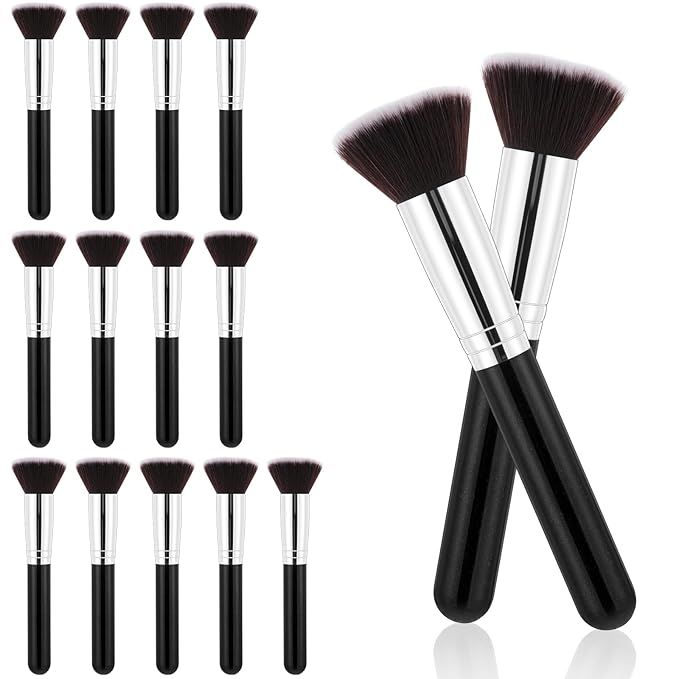 15 Pcs Kabuki Foundation Brush, Flat Top Makeup Brushes Blush Concealer Brushes for Liquid Cream Eyeshadow Applicator Blending Buffing Makeup Tools (Black)