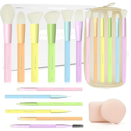 Makeup Brushes, 18Pcs Makeup Brush Set with 2 Sponges & Travel Bag, Colorful Make Up Brushes for Foundation Powder Blush Blending Eyeshadow, Soft Synthetic Fiber, Rubber Handle, Face & Eye Brush Kit