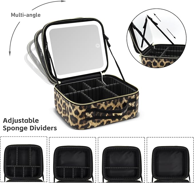 Makeup Bag with Light Up Mirror, Lighted Travel Makeup Organizer 3 Colors Adjustable Brightness, Makeup Bag with Mirror and Light, Travel Train Case Portable Cosmetic Bag for Women(Leopard)