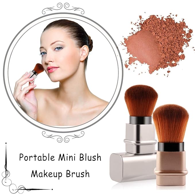 Vtrem 2 Colors Retractable Kabuki Makeup Brushes Travel Face Blush Brush Portable Small Soft Bristles Powder Brush with Cover for Blush, Bronzer, Buffing, Flawless Powder, Cosmetics Tool