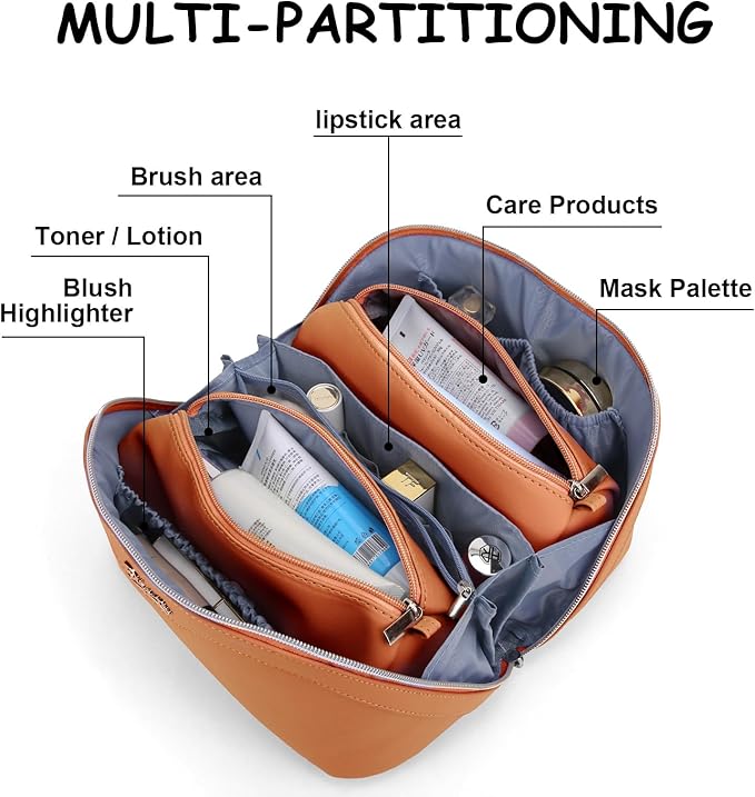 BOYATU Travel Makeup Bags Cosmetic Organizer Bag: 3-Set Large Capacity Make up Bag - PU Leather Toiletry Bags for Women - Wide Open Portable Pouch with Divider & Handle (09-Orange brown)