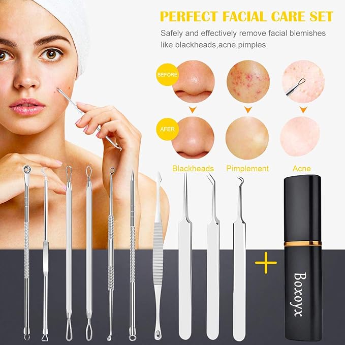 Pimple Popper Tool Kit - Boxoyx 10 Pcs Blackhead Remover Comedone Extractor Kit with Metal Case for Quick and Easy Removal of Pimples, Blackheads, Zit Removing, Forehead,Facial and Nose(Silver)