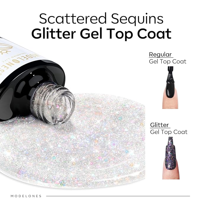 modelones Glitter Gel Nail Polish Top Coat, Rainbow Confetti Gel Top Coat with Scattered Sparkle Shimmer Sequins, Soak Off Long Lasting High Glossy Finish Home Salon DIY Manicure Nail Art 10 ML