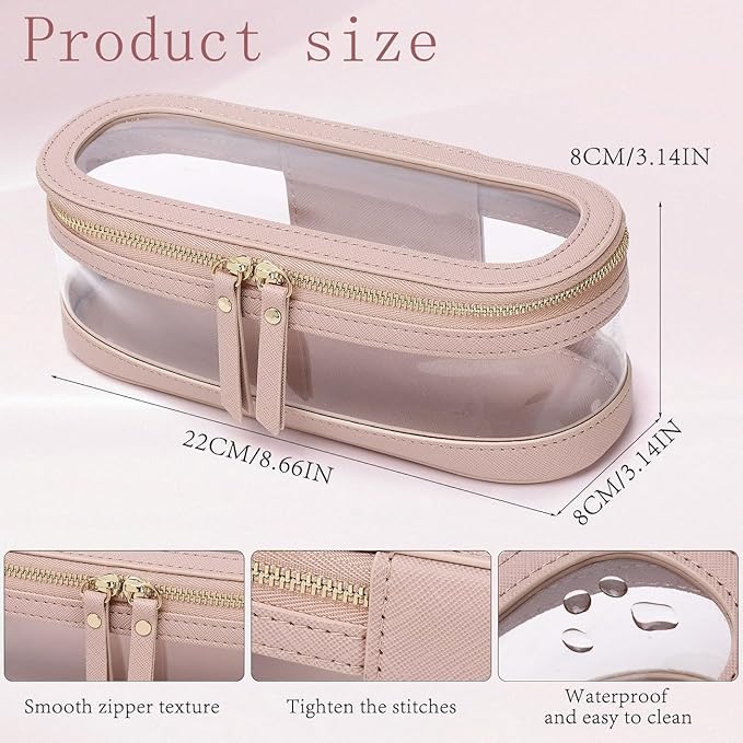 Pinkmik Makeup Brush Case Clear Travel Cosmetic & Toiletry Bag Slim Makeup Bag with Zipper Small Purse Organizer Car Essential Bag for Women (Pink, SLIM-2)