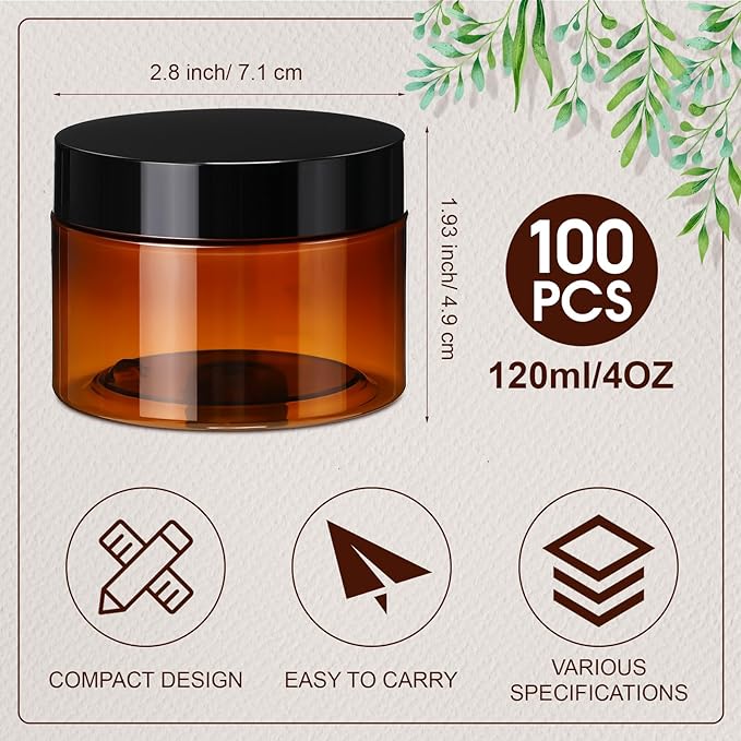 Tanlade 100 Pcs 4 oz Amber Plastic Cosmetic Jars with Lids Empty Leak Proof Container Refillable Cosmetic Jars Airtight for Cream, Lotion, Powder, Ointment, Beauty Products Travel Storage(Round)