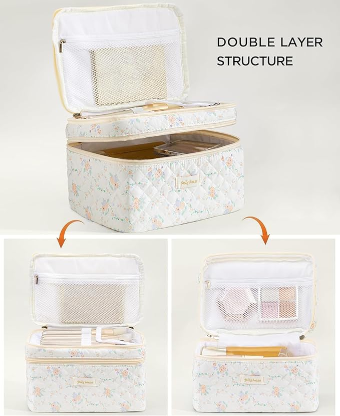 HBselect 2Pcs Travel Makeup Bag, Large Cotton Quilted Makeup Bag Cosmetic Bag Cute Make up Bag Toiletry Bags for Women Girls