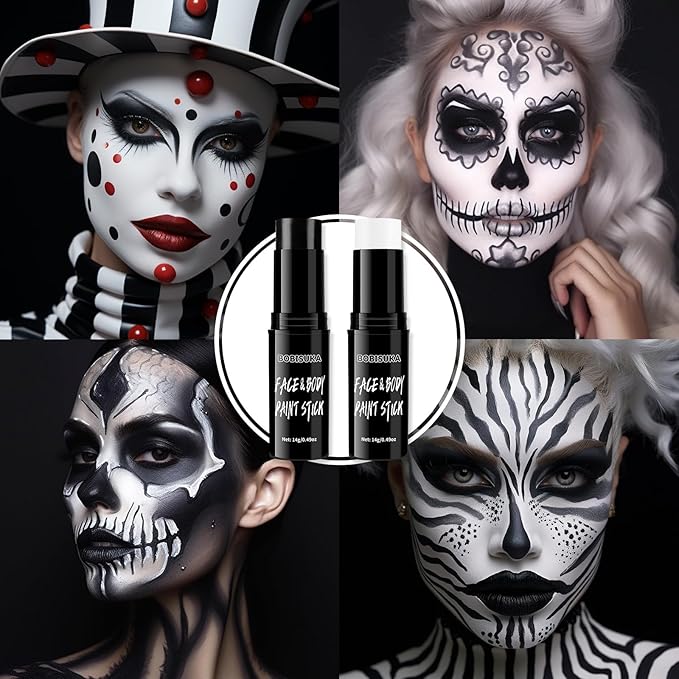 BOBISUKA Black & White Face Body Paint Stick Eye Black Sticks for Football Sports Water Based Face Painting Kit Quick Drying Foundation Makeup for Halloween Clown Skeleton Vampire Cosplay SFX Costume