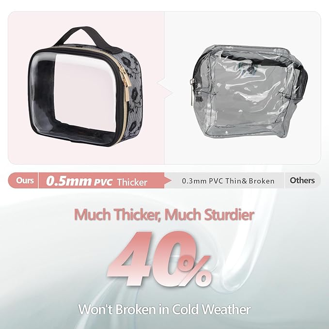 PACKISM TSA Approved Toiletry Bag - 180° Large Opening Clear Makeup Bags with Handle, Easily Access, Floral Texture Lace Clear Toiletry Bags for Traveling, Thick 0.5 mm No Smell, Black