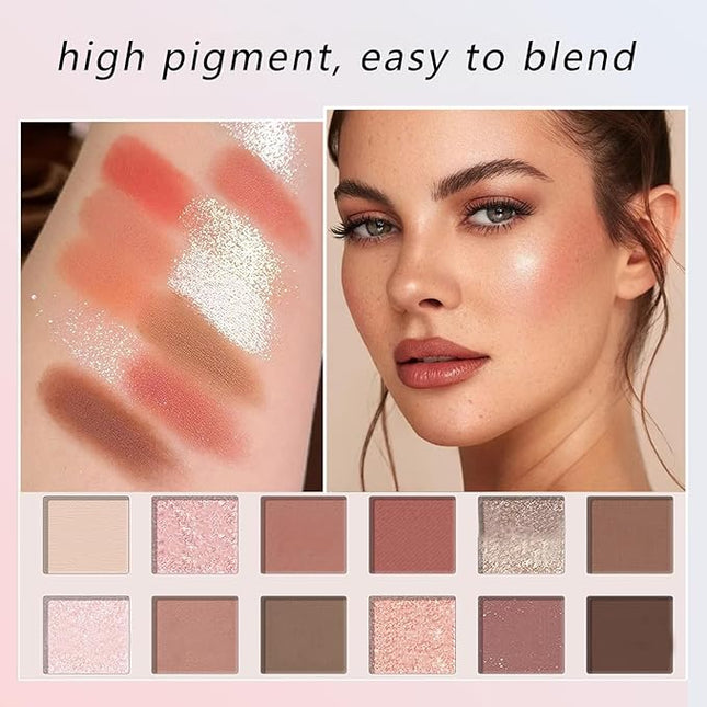 K'APEINE Warm Brown Eyeshadow Palette, 12 Colors Blush Eyeshadow Pink Red Eye Shades Matte Shimmer Eye Shadow with Eyeshadow Brush High-Pigmented Makeup Palette for Women Daily, Party, Music Festival
