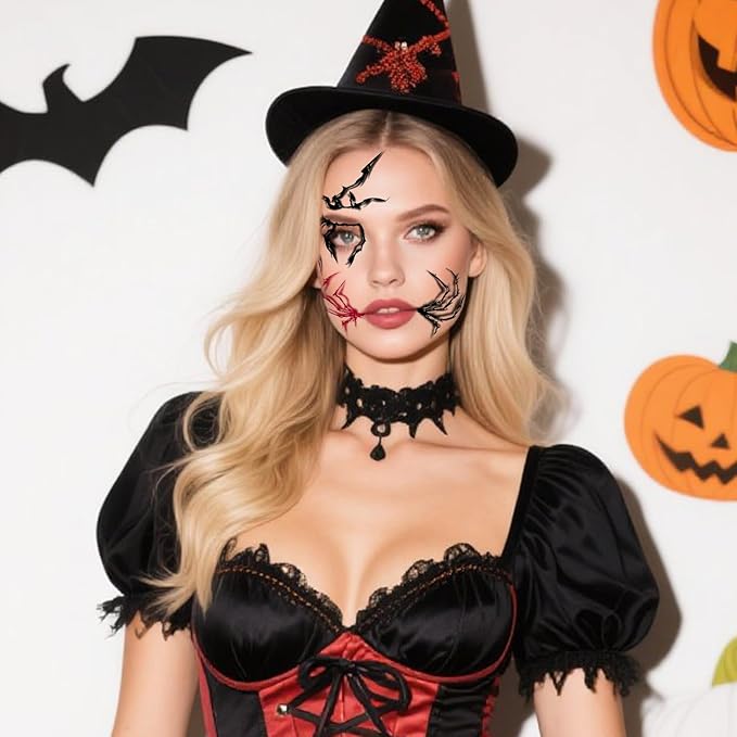 Halloween Face Tattoos, Spider Silhouette & Glitter Stars Face Tattoos,Horror Face Temporary Tattoos,Cosplay Face Makeup Tattoo Stickers, Easy Temporary Face Body Decals for Women,Girls 8Pcs