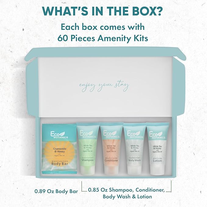 Terra Pure Eco Botanics Amenity Kit | Hotel Bulk Toiletries | 0.85 oz Shampoo, Conditioner, Lotion, Body Wash, Body Bar Soap for Guest Hospitality Vacation Rentals | 60 Sets/Case