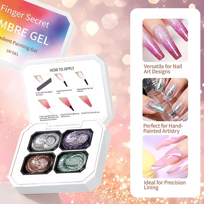 Finger Secret 4 Colors Set Ombre Pat Gel Glitter Nail Polish Shine,Patting Ombre Pigment Palette for Nail with 20Pcs Nail Sponges for Gradient Gel Painting Nail Art Ombre Pat Gel Nail Polish