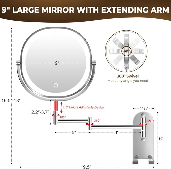 9" Wall Mounted Lighted Makeup Mirror, 3000mAh Rechargeable Double Sided 1X/10X Magnifying Mirror with Hook, 3 Color Lights Dimmable 360° Rotation Vanity Mirror for Bathroom