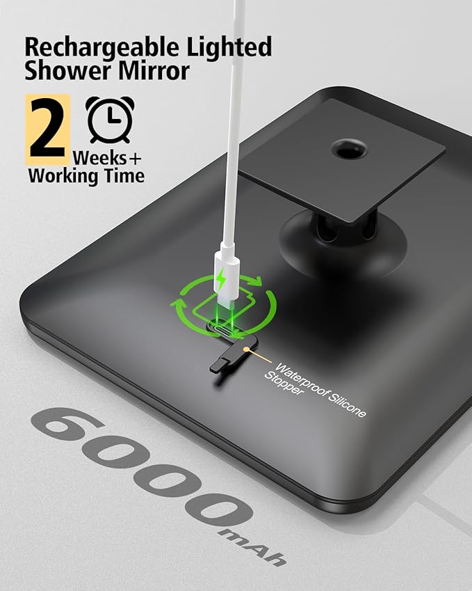 Lighted Shower Mirror Fogless for Shaving, Heated Fogless Shower Mirror with 3 Colors Stepless Dimmable Lights, Rechargeable Adjustable Shaving Mirror with Razor Stand, Brush Holder for Men
