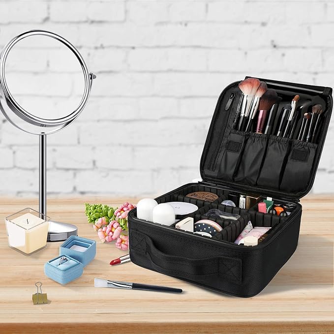 Travel Makeup Case, Cosmetic Train Case Organizer Portable Artist Storage Makeup Bag with Adjustable Dividers for Cosmetics Makeup Brushes Toiletry Jewelry Digital Accessories - Black