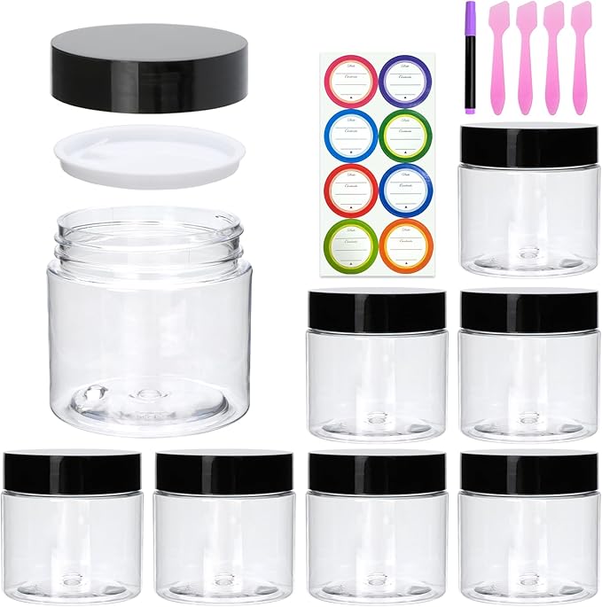 8 Pack 2oz Plastic Containers with Lids, Jars with Lids, Great for storing,lip balms, creams, ointments, cosmetics, samples