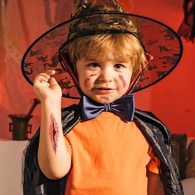 10 Sheets Halloween Zombie Scar Temporary Tattoos, Fake Bloody Wound Stitch Scab Body Face Waterproof Tattoo Stickers Masquerade Prank Makeup Props