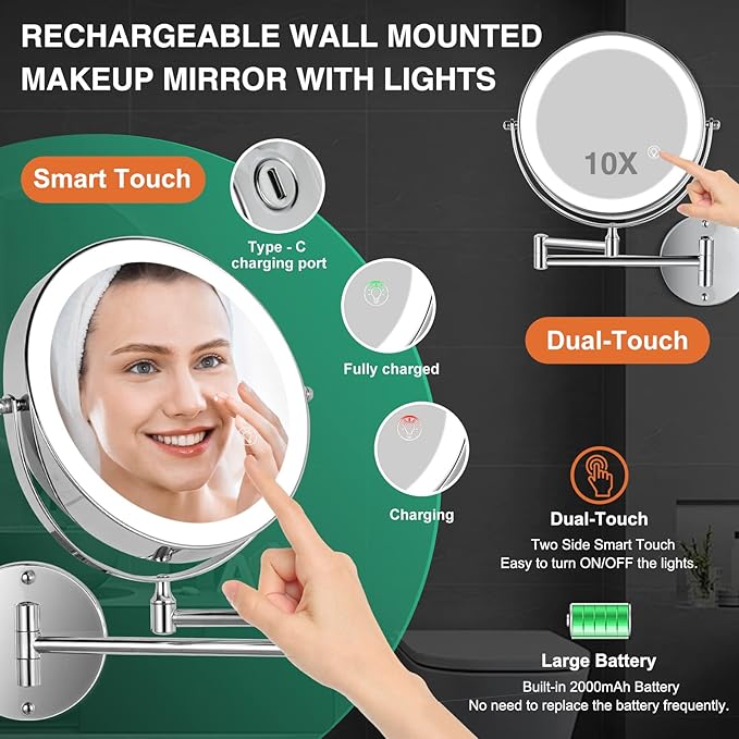 8.5 Inch Rechargeable Wall Mounted Lighted Makeup Mirror, Double-Sided 1X/10X LED Magnifying Vanity Mirror with Lights, 3 Color Lights Touch Screen Dimmable 360°Swivel 18 Inch Extendable - Chrome