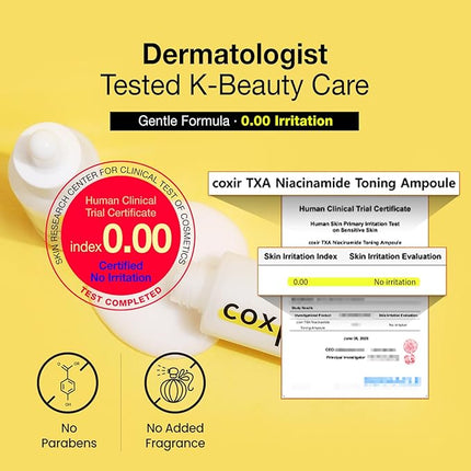 Coxir TXA Niacinamide Toning Ampoule –Tranexamic Acid for Visible Tone & Clarity | Mild, Lightweight Korean Serum with Niacinamide, Cica & Panthenol | Daily Tone-Refining Formula [1.69fl.oz]