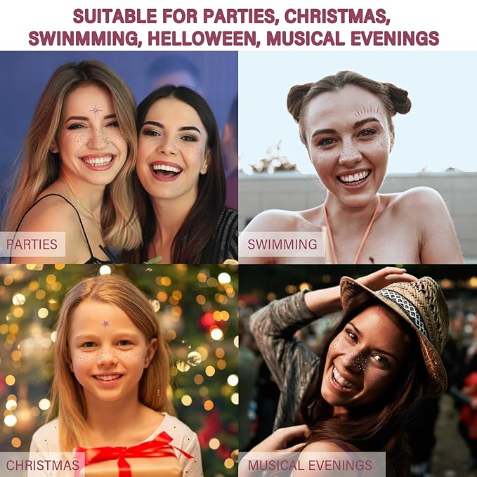 20 Pcs Rose Gold Makeup Patches, Glitter Freckles Face Tattoo, Easy Application and Remove Sparkle Makeup Patches, Waterproof Face Glitter Freckles for Women