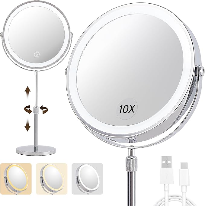 1X/10X Magnifying Makeup Mirror with Lights - 9" Large Dual-Sided Vanity Mirror with 3 Color Lights for Women's Travel Cosmetic Mirror | 3000 mAh-USB Rechargeable | 360° Rotation | Adjustable Height