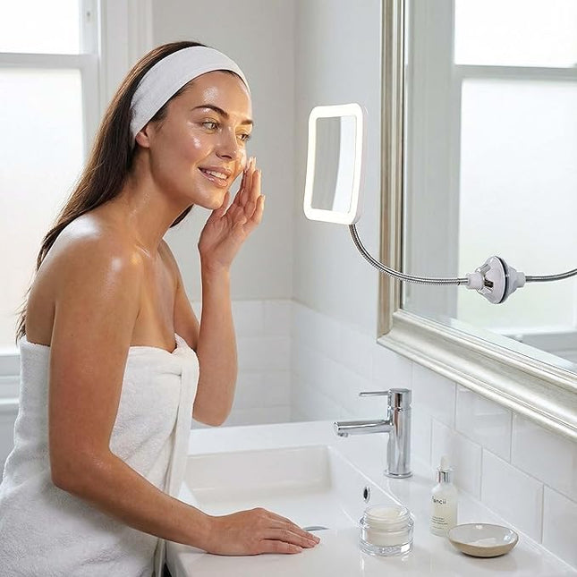 Fancii 10x Flexible Magnifying Mirror with 3 LED Light Settings, Rechargeable - Gooseneck Lighted Makeup Mirror for Bathroom, Locking Suction Mount, Cordless, 360° Rotatable (Mira 2 Plus)