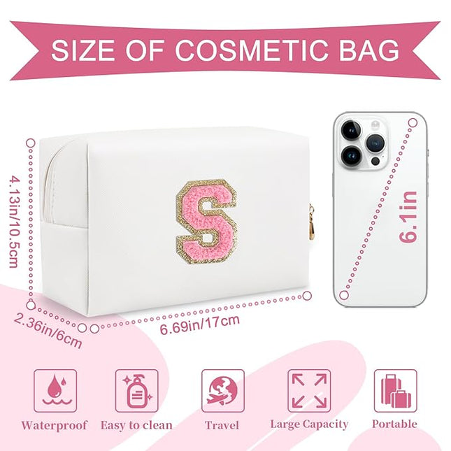 Personalized Makeup Bag Initial A-Z Preppy Patch Bag,Small PU Leather Travel Cosmetic Bag Pouch with Zipper,White Cute Toiletry Bag,Gift Ideal for Teen Girls Women Birthday Friend Mom,Letter S