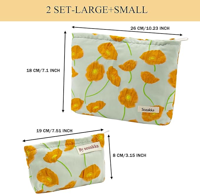 2 Pcs Makeup Bags, Large Cosmetic Bag Travel Toiletry Bag Organizer for Women, Embroidery Craft, Floral Makeup Bag Small Cosmetic Pouch Purse with Zipper Gifts for Girls Teen
