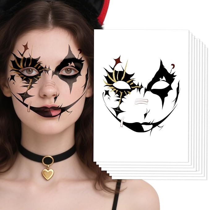 Halloween Black & Gold Glitter Face Tattoo, Face Temporary Tattoos Face Temporary Tattoo Sticker, Halloween Makeup Tattoo Stickers for Women, Men, Kids, Festival, Cosplay, Halloween 8Pcs