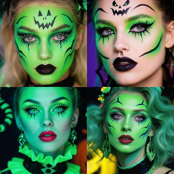 Face Body Paint Kit for Kids & Adults, Non-Toxic Water-Based Professional Face Painting Palette with Brushes for Halloween Goth Vampire SFX Makeup, Art Stage Cosplay Parties, Fluorescent Green
