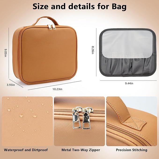 Travel Makeup Bag with LED Mirror Travel Makeup Organizer with 3 Lighted Settings, Adjustable Dividers and Makeup Brush Storage Bag Orange-Brown