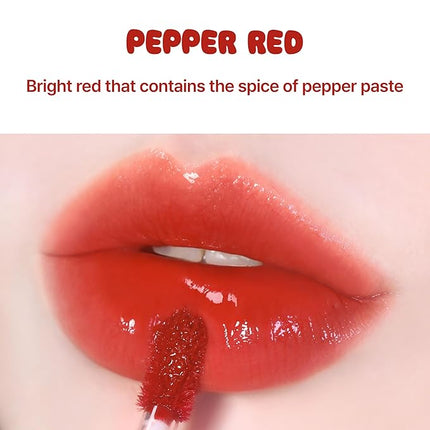 BLACK ROUGE Glow Bokki Tint, GB01 Pepper Red – Korean Lip Tint Inspired by Tteokbokki, Non-Sticky Long-Lasting Lip Stain with Glossy Finish, Cute Stickers – Original Red, Rose, Soy