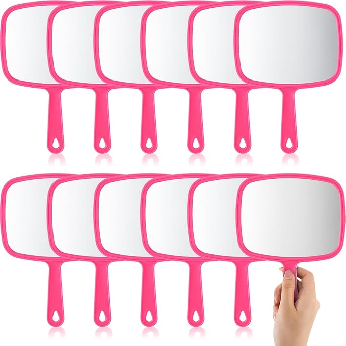 Geetery 12 Pcs Hand Held Mirrors with Handles Hand Makeup Mirrors Bulk Wall Mount for Women Cosmetic Bathroom Home Barber Salon Travel Portable Beauty School Gift, 6.69 x 9.45 Inch (Rose Red)