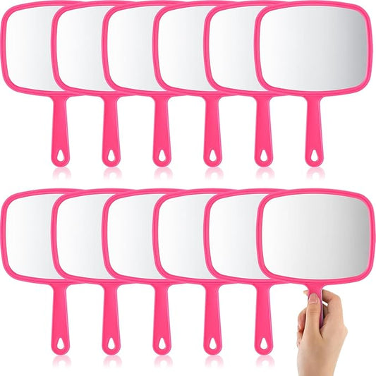Geetery 12 Pcs Hand Held Mirrors with Handles Hand Makeup Mirrors Bulk Wall Mount for Women Cosmetic Bathroom Home Barber Salon Travel Portable Beauty School Gift, 6.69 x 9.45 Inch (Rose Red)