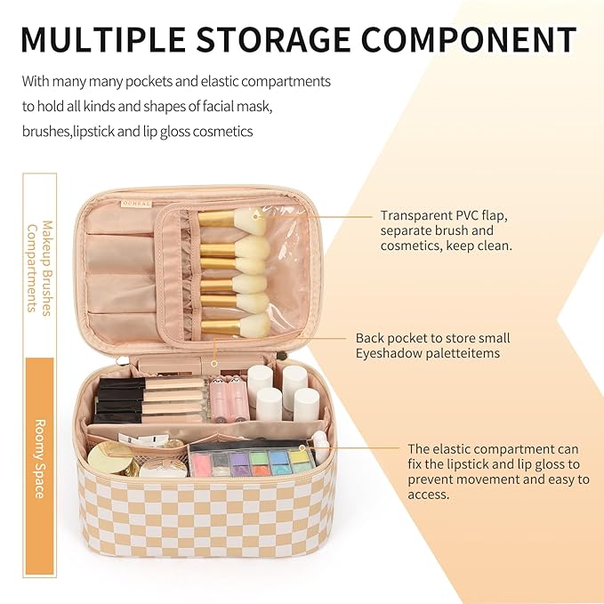 OCHEAL Makeup Bag,Travel Makeup Organizer Case, Large Capacity Cosmetic Bags for Wome Travel Toiletry Bag for Girls Traveling With Brush Slot And Divider-Plaid Beige