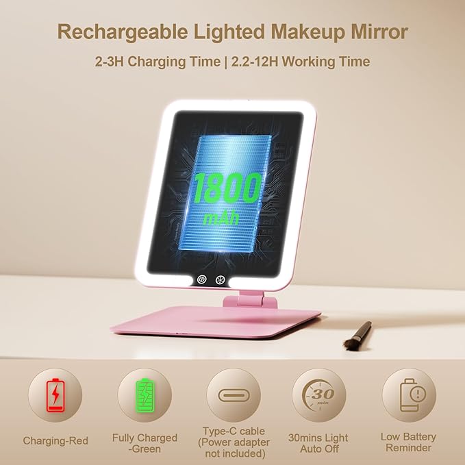 Benbilry Travel Makeup Mirror with Light, 15X Magnifying Mirror & 3 Color Modes, 1800mAh Rechargeable, Adjustable Height/Angle Stand, Foldable LED Vanity Mirror for Tabletop (Pink)