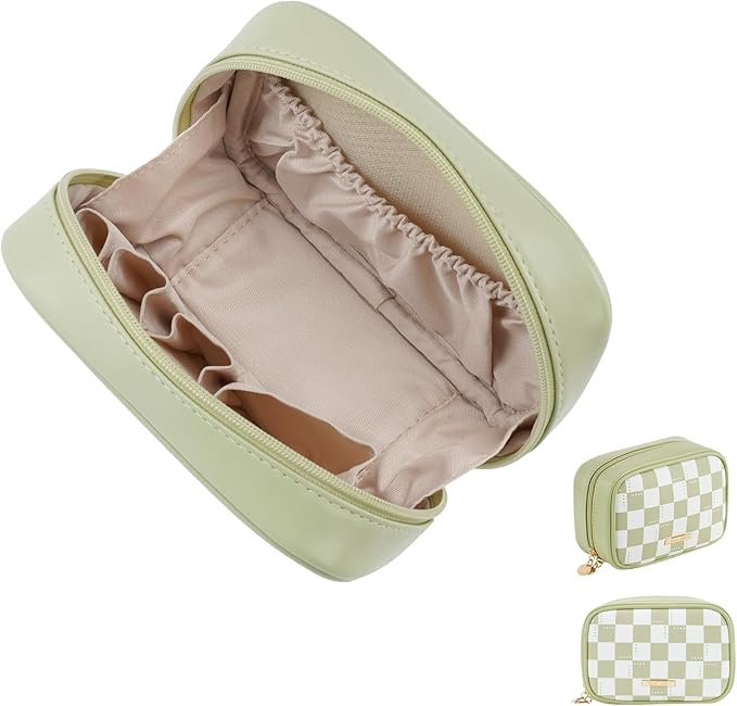 RIGHT AWAY Checkered Makeup Bag for Purse,Small Cosmetic Bag Organizer for Women, Travel Make Up Pouch Waterproof Toiletry Bag Cute Makeup Case for Travel Accessories(Green Checkerboard)